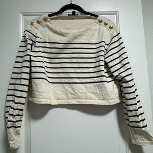J. Crew Navy & Cream Striped Button-Shoulder Crop Sweatshirt
